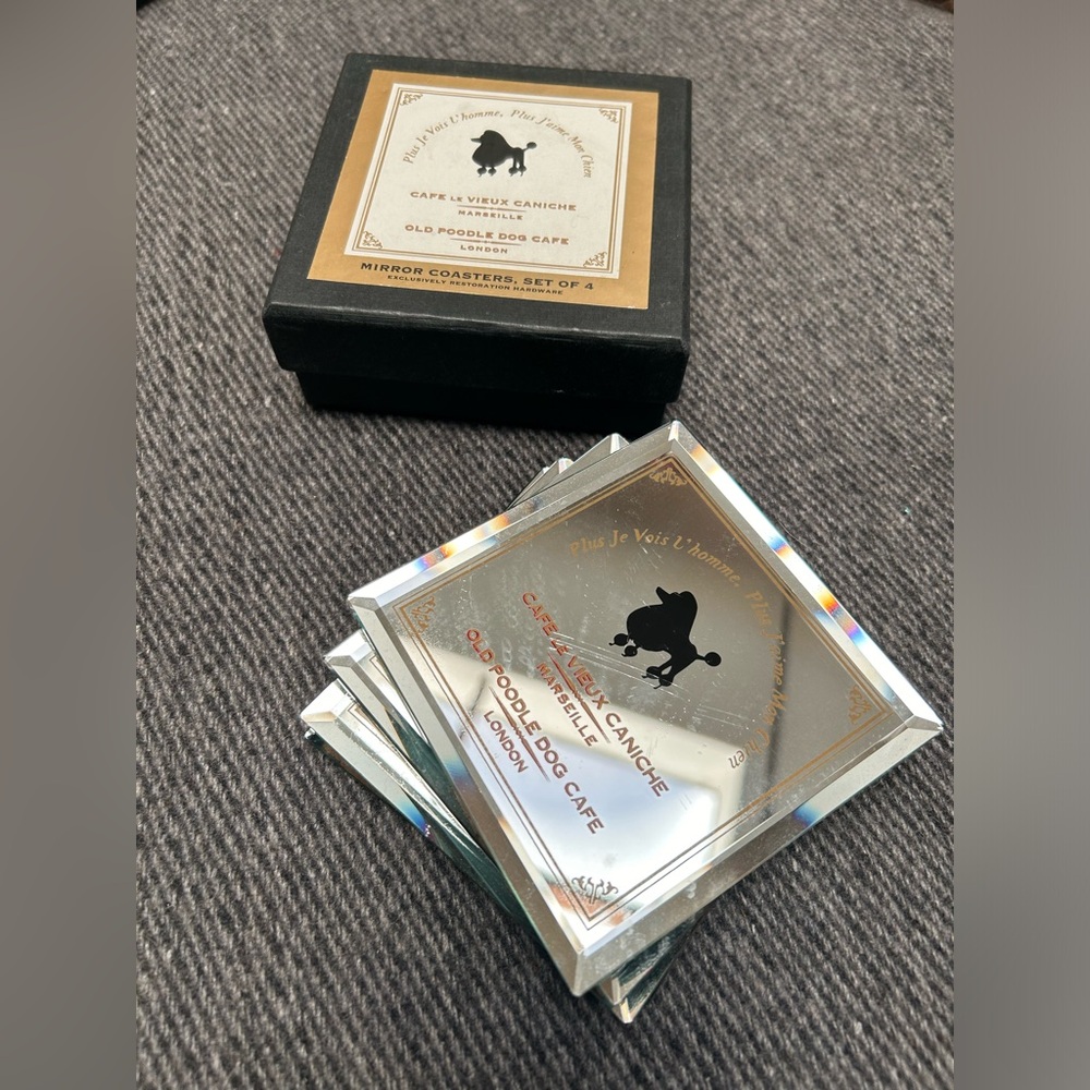 RESTORATION HARDWARE 4-pcs Mirror Coasters French Poodle Dog Cafe 4.5”
#1031249